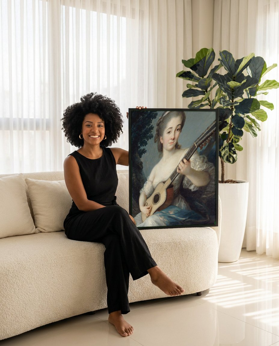 Quadro Decorativo Jovem com Guitarra - Elisabeth Vigée Le Brun com modelo em ambiente