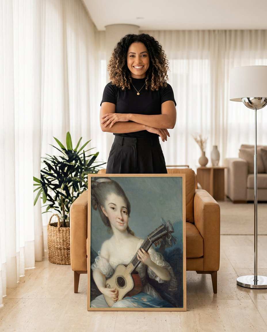 Quadro Decorativo Jovem com Guitarra - Elisabeth Vigée Le Brun com modelo em ambiente