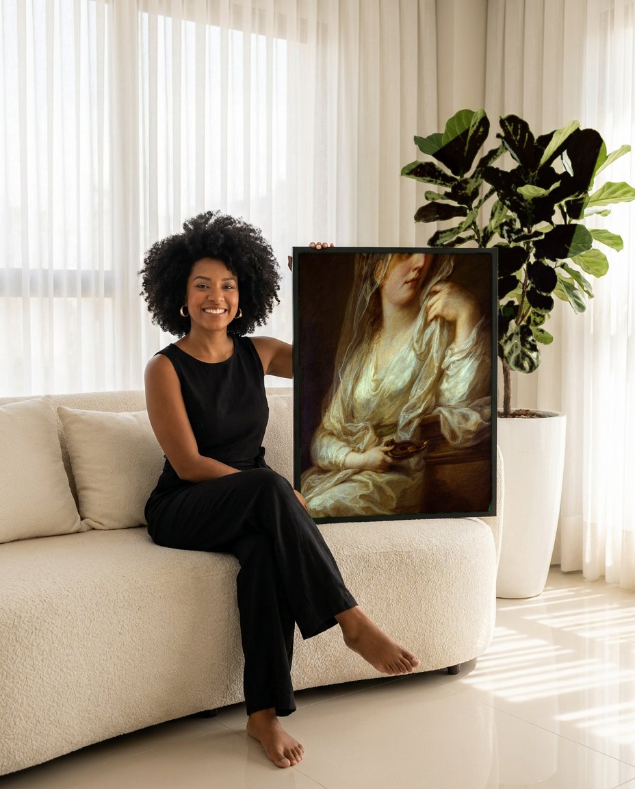 Quadro Decorativo A Vestal Virgem - Angelica Kauffmann com modelo em ambiente