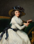 Retrato de mulher com chapéu e vestido branco sentada em sofá verde, atribuído a Elisabeth Louise Vigée Le Brun.