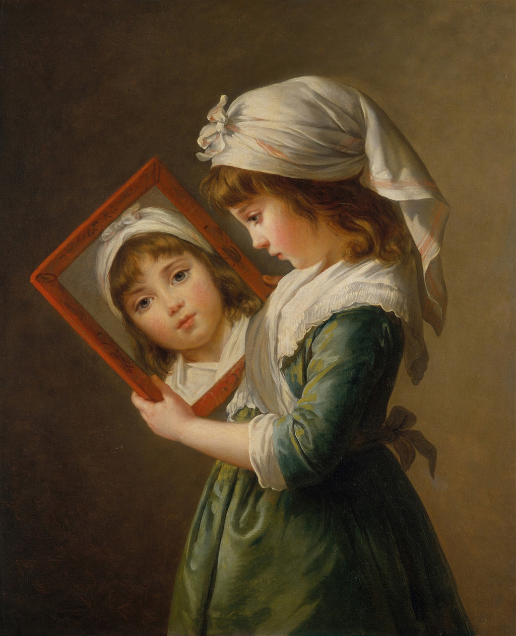 Pintura a óleo de Elisabeth Louise Vigée Le Brun, 'A Menina com o Espelho', retratando uma criança com um chapéu branco olhando seu reflexo em um espelho de moldura vermelha. A menina veste um vestido verde.