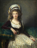 Retrato de Madame de Staël por Elisabeth Louise Vigée Le Brun, mulher sentada em estofado verde, vestindo roupa branca e marrom com turbante e joias.