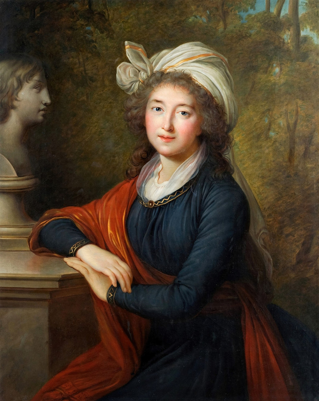 Retrato de mulher com turbante branco e xale vermelho, atribuído a Elisabeth Louise Vigée Le Brun, com um busto clássico ao fundo.