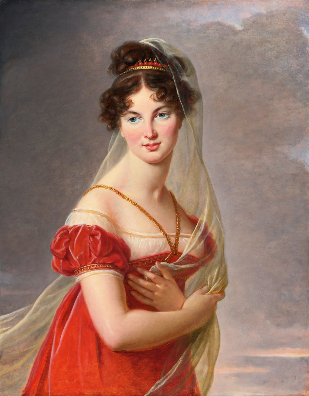 Retrato de uma senhora jovem com cabelo castanho cacheado, olhos azuis, vestindo um vestido vermelho e um véu translúcido. A imagem é atribuída a Elisabeth Louise Vigée Le Brun, com um fundo cinza que sugere céu.