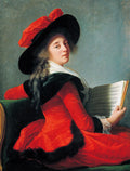 Retrato de mulher jovem de Vigée Le Brun, vestindo chapéu preto com laço vermelho e vestido vermelho, segurando um livro de partituras. Ela olha para o espectador com um sorriso sutil.