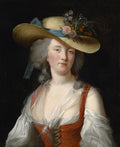 Retrato de mulher com chapéu de palha e flores, vestindo corpete vermelho e camisa branca, atribuído a Elisabeth Louise Vigée Le Brun.
