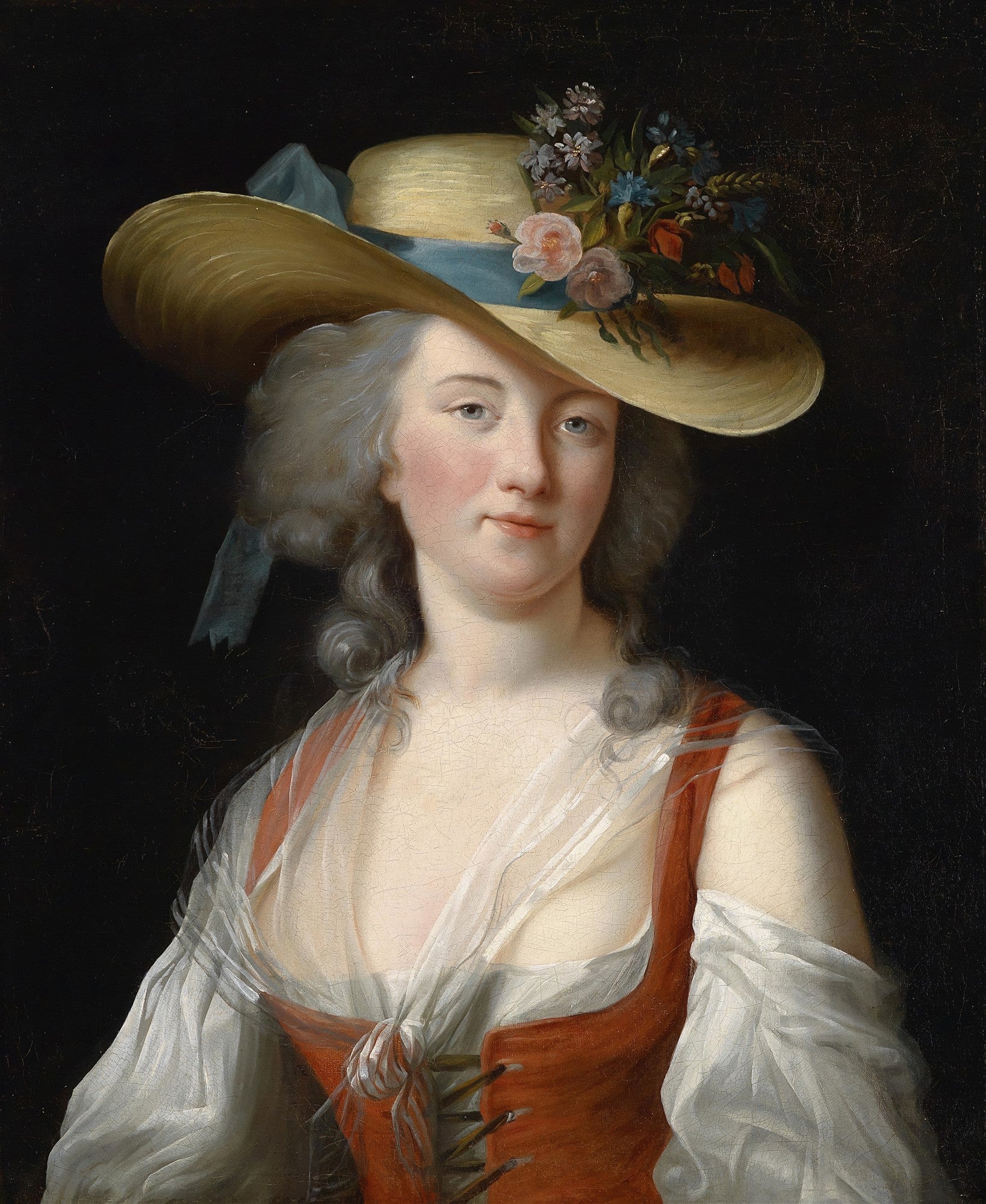 Retrato de mulher com chapéu de palha e flores, vestindo corpete vermelho e camisa branca, atribuído a Elisabeth Louise Vigée Le Brun.