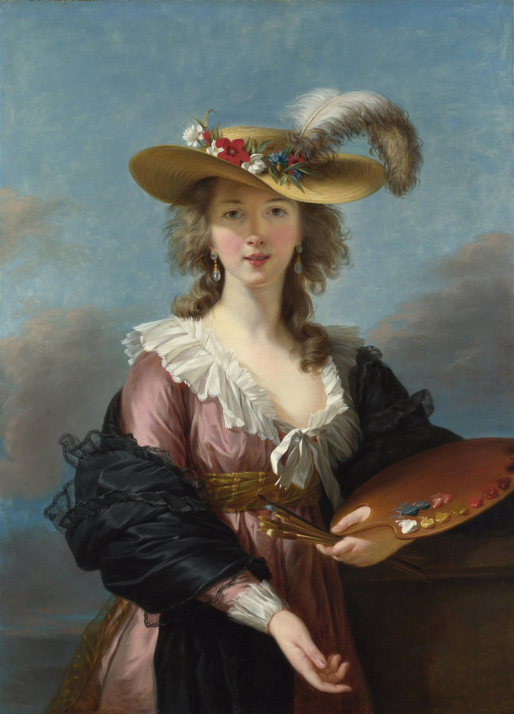 Autorretrato de Elisabeth Louise Vigée Le Brun com chapéu de palha decorado e pena, vestindo um vestido rosa e xale preto, segurando paleta e pincéis, contra um céu azul com nuvens.