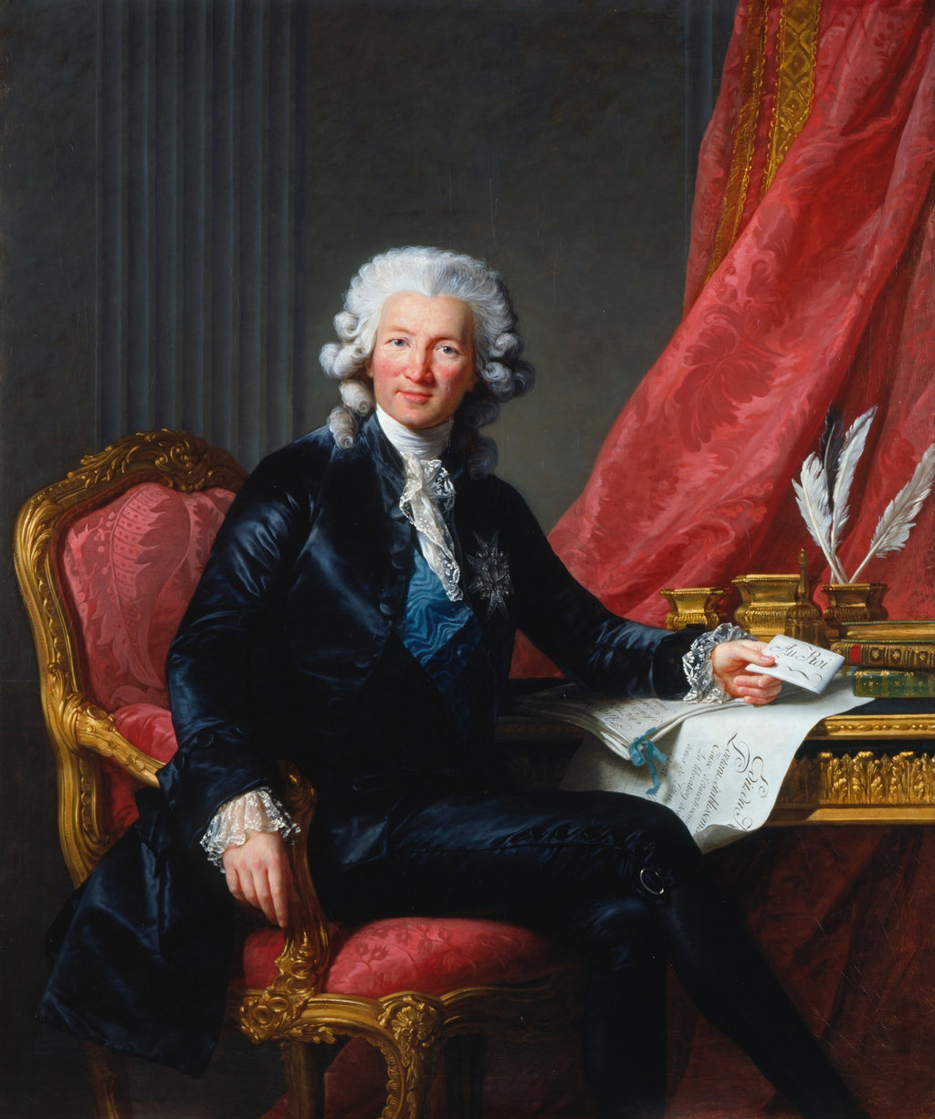 Retrato de um homem aristocrático com peruca branca, casaco azul-marinho e camisa de renda branca, sentado em uma poltrona vermelha e dourada, com uma mesa de escritório ornamentada ao lado. Obra de Elisabeth Louise Vigée Le Brun.