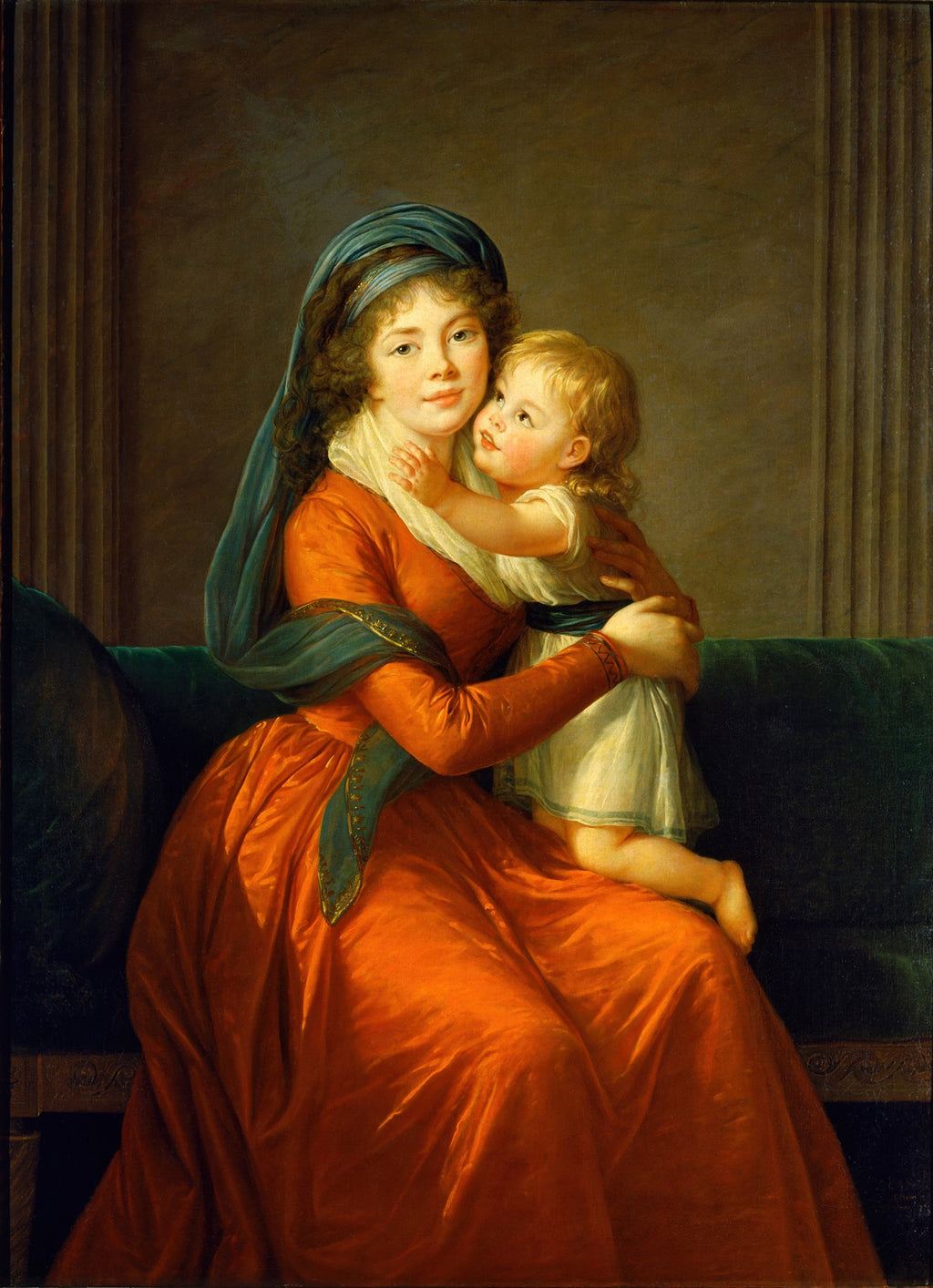 Retrato de Elisabeth Louise Vigée Le Brun abraçando sua filha, Jeanne-Lucie-Louise, com um vestido laranja vibrante e véu azul, em um interior clássico.
