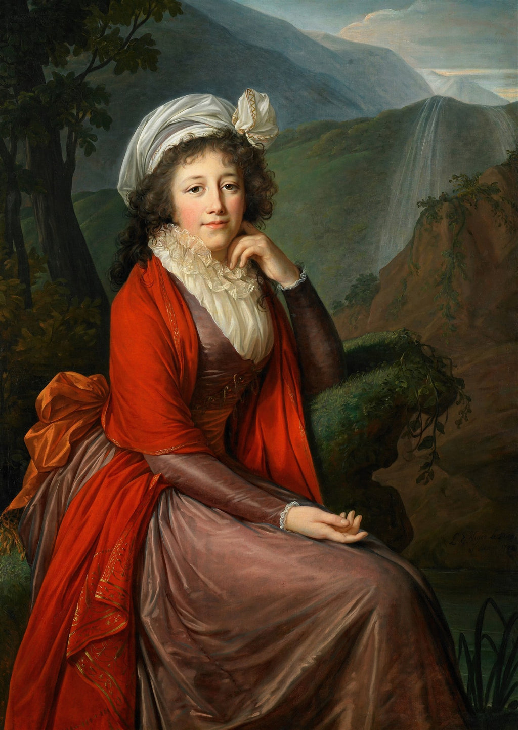 Retrato de Madame de la Châtre, uma mulher sentada com turbante branco, vestido vermelho e marrom, ao ar livre com cachoeira ao fundo, por Elisabeth Louise Vigée Le Brun