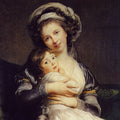 Quadro decorativo com auto-retrato de Elisabeth Louise Vigée Le Brun e sua filha, Jeanne Lucie Louise, em estilo Rococó. A mãe abraça a criança com ternura, ambas olhando para frente. A mãe usa um turbante e a filha tem cachos. Paleta de cores suaves e fundo escuro.