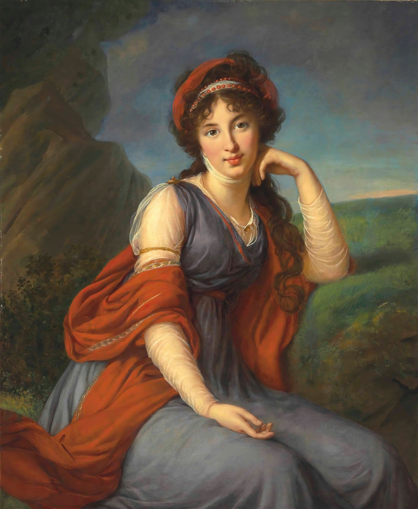Retrato de Lady Emma Hamilton como Sibila, uma figura feminina jovem com cabelos cacheados e uma faixa vermelha na cabeça, vestindo roupas drapeadas em azul e vermelho, com um olhar pensativo.