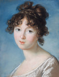 Retrato de uma jovem mulher com cabelos castanhos cacheados e olhos expressivos, vestindo um vestido claro, contra um fundo azul suave. Atribuído a Elisabeth Louise Vigée Le Brun, com pinceladas delicadas de pastel.