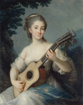 Retrato de uma jovem tocando guitarra, com cabelos escuros presos e um vestido branco esvoaçante, sobre um fundo paisagístico azul e verde, em estilo do século XVIII.