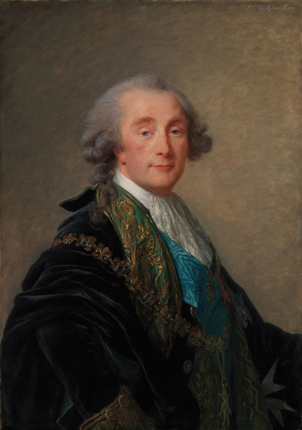 Retrato de um homem nobre do século XVIII, com peruca grisalha e vestes luxuosas em tons de azul, verde e preto. A obra é de Elisabeth Vigée Le Brun e mostra um duque com expressão serena.