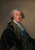 Retrato de um homem nobre do século XVIII, com peruca grisalha e vestes luxuosas em tons de azul, verde e preto. A obra é de Elisabeth Vigée Le Brun e mostra um duque com expressão serena.