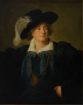 Retrato a óleo de Joseph-Marie Vien por Elisabeth Louise Vigée Le Brun, homem de meia-idade com chapéu preto emplumado, camisa branca e casaco azul escuro, com um medalhão dourado no peito.