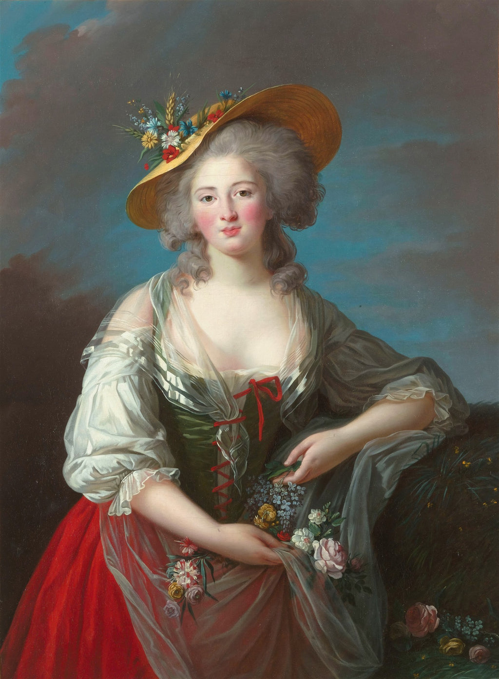 Retrato de jovem mulher com chapéu de palha e flores, vestida com trajes de época verde e vermelho, estilo rococó, atribuído a Elisabeth Louise Vigée Le Brun.