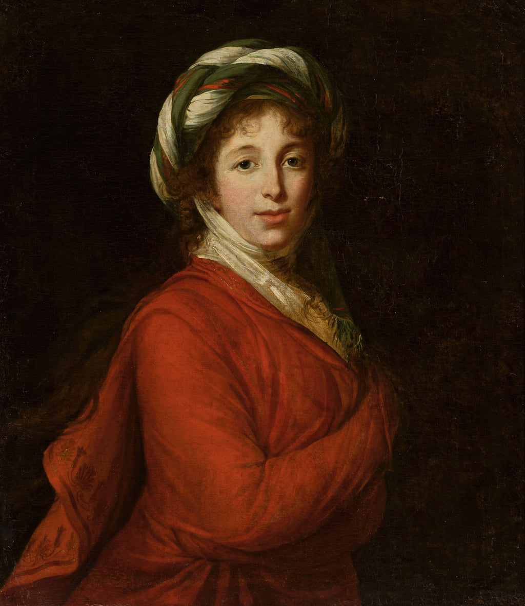 Retrato de uma mulher de cabelo cacheado e turbante verde e branco, vestindo um robe vermelho, olhando para o espectador em um fundo escuro. Obra de Elisabeth Louise Vigée Le Brun.