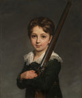 Retrato de um menino com cabelo castanho e olhos grandes, vestindo casaco verde escuro e gola de renda branca, segurando uma espingarda.