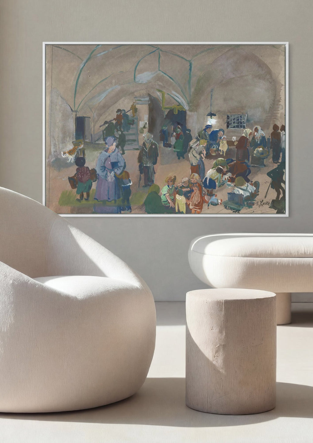 Quadro Decorativo Cena de Refugiados em Abrigo - Oskar Laske em ambiente decorado