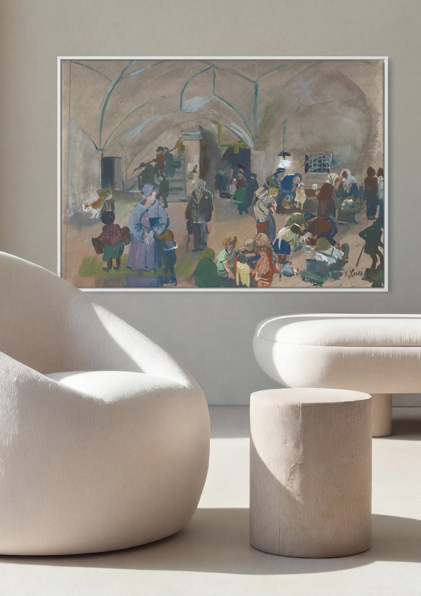Quadro Decorativo Cena de Refugiados em Abrigo - Oskar Laske em ambiente decorado