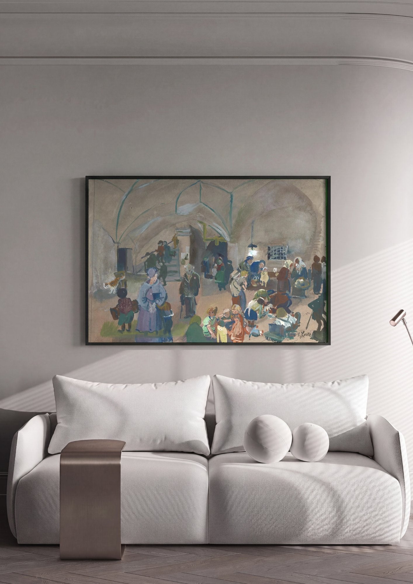 Quadro Decorativo Cena de Refugiados em Abrigo - Oskar Laske em ambiente decorado