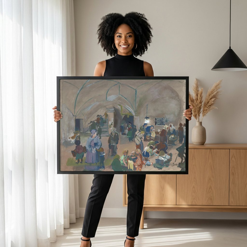 Quadro Decorativo Cena de Refugiados em Abrigo - Oskar Laske com modelo em ambiente