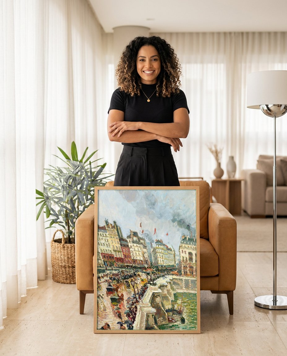 Quadro Decorativo Pont Neuf e o Sena em Paris - Pissarro com modelo em ambiente
