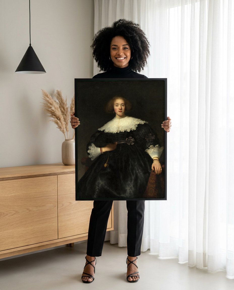 Quadro Decorativo Retrato de Mulher - Rembrandt com modelo em ambiente