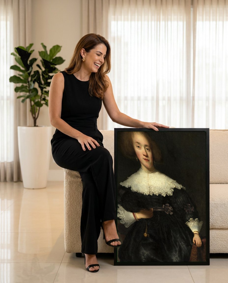 Quadro Decorativo Retrato de Mulher - Rembrandt com modelo em ambiente