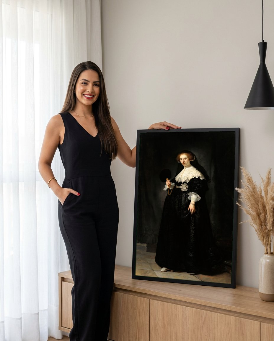 Quadro Decorativo Retrato de Mulher - Rembrandt com modelo em ambiente