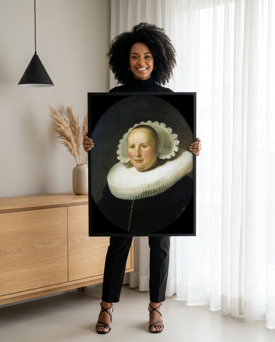 Quadro Decorativo Retrato de Mulher - Rembrandt com modelo em ambiente