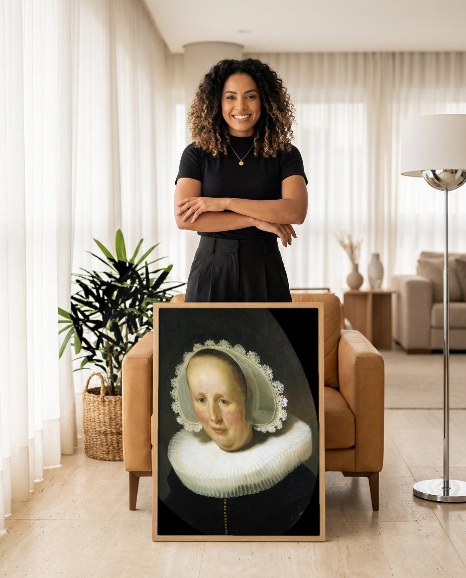 Quadro Decorativo Retrato de Mulher - Rembrandt com modelo em ambiente