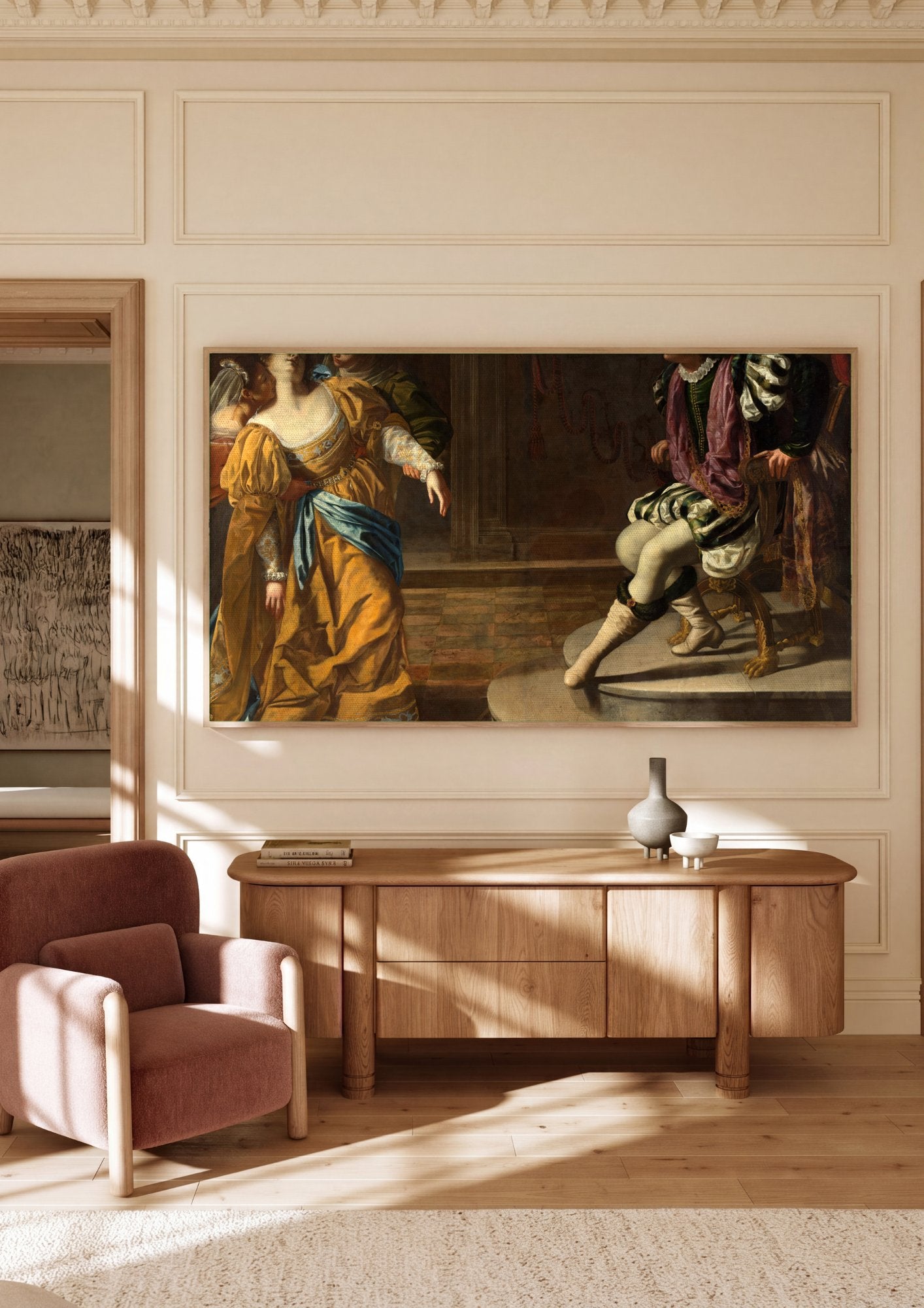 Quadro Decorativo Ester e Assuero - Artemisia Gentileschi em ambiente decorado