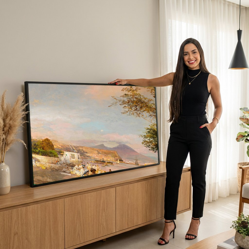 Quadro Decorativo Porto de Nápoles ao Entardecer - Oswald Achenbach com modelo em ambiente