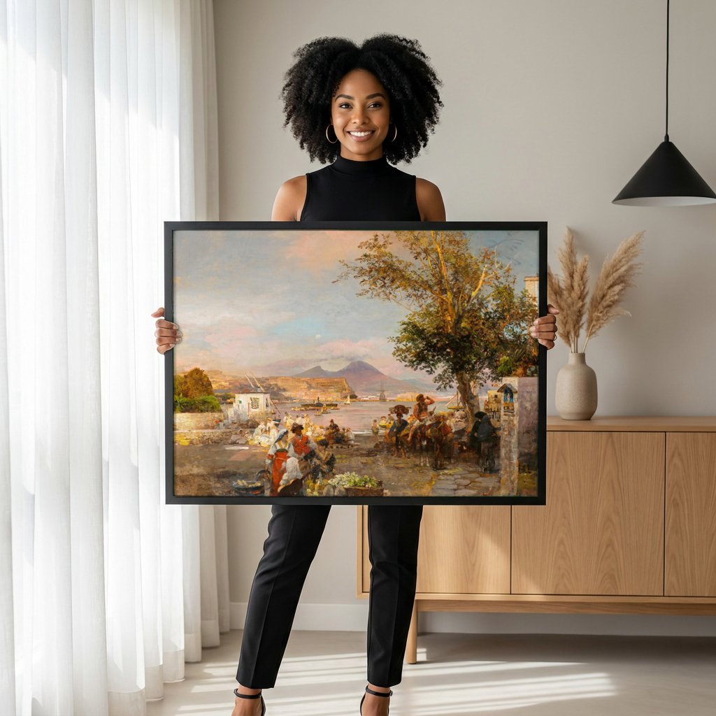 Quadro Decorativo Porto de Nápoles ao Entardecer - Oswald Achenbach com modelo em ambiente
