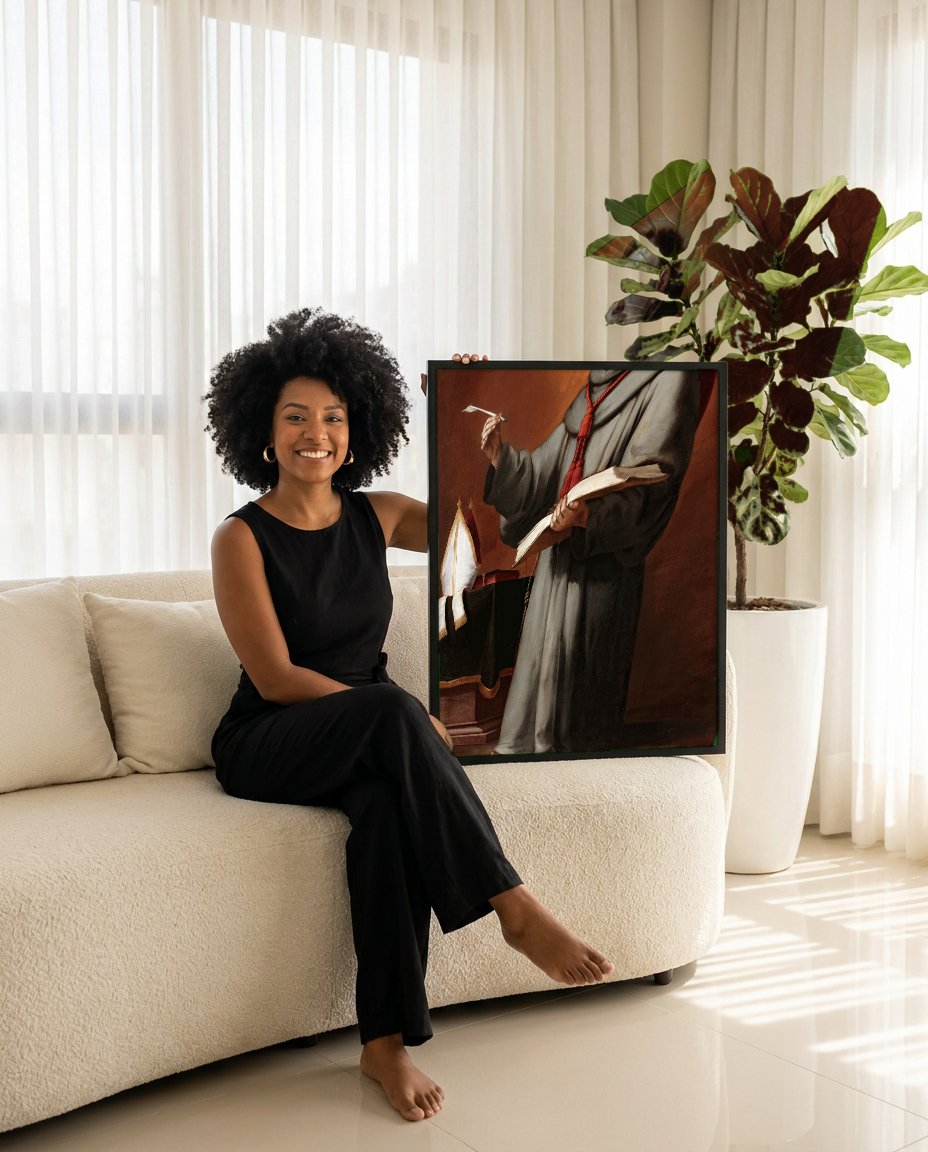 Quadro Decorativo Santo com Livro e Pena - Murillo com modelo em ambiente