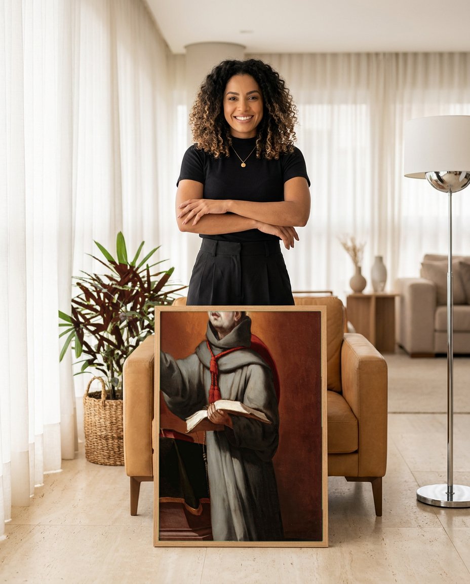 Quadro Decorativo Santo com Livro e Pena - Murillo com modelo em ambiente