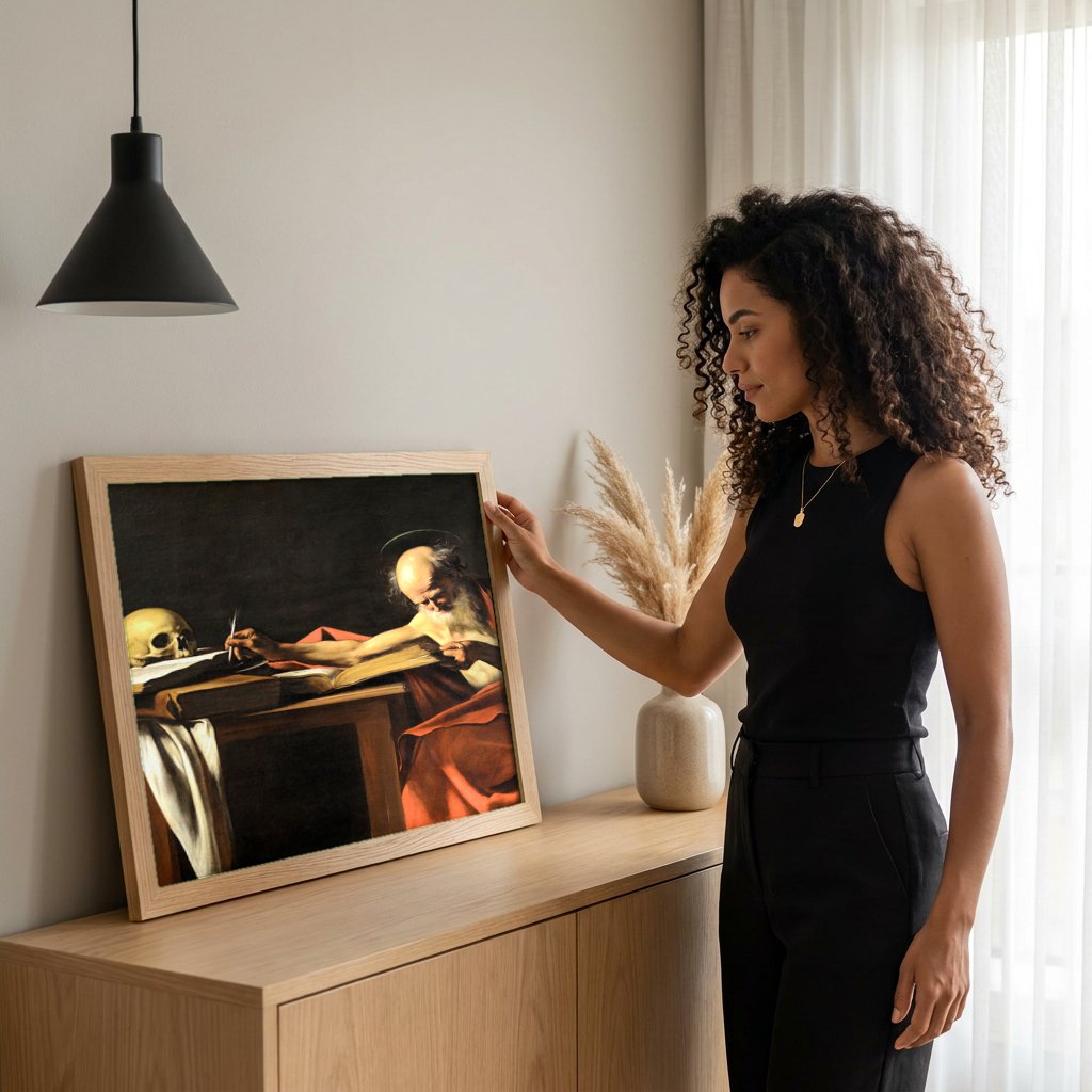 Quadro Decorativo São Jerônimo Escrevendo - Caravaggio com modelo em ambiente