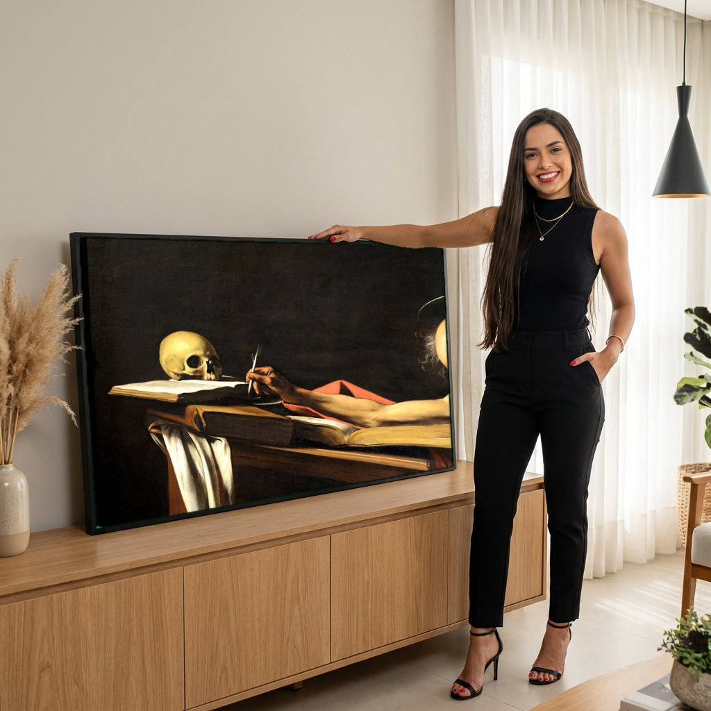 Quadro Decorativo São Jerônimo Escrevendo - Caravaggio com modelo em ambiente