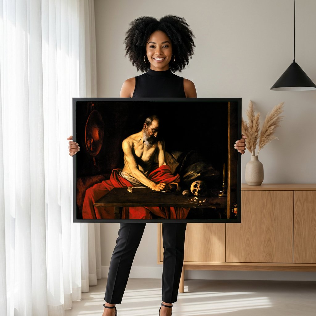 Quadro Decorativo São Jerônimo Escrevendo - Caravaggio com modelo em ambiente