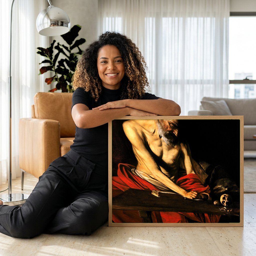 Quadro Decorativo São Jerônimo Escrevendo - Caravaggio com modelo em ambiente