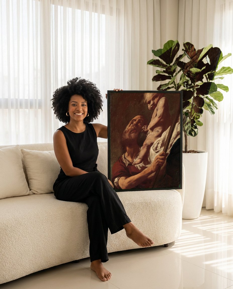 Quadro Decorativo São Cristóvão e o Menino Jesus - Piazzetta com modelo em ambiente