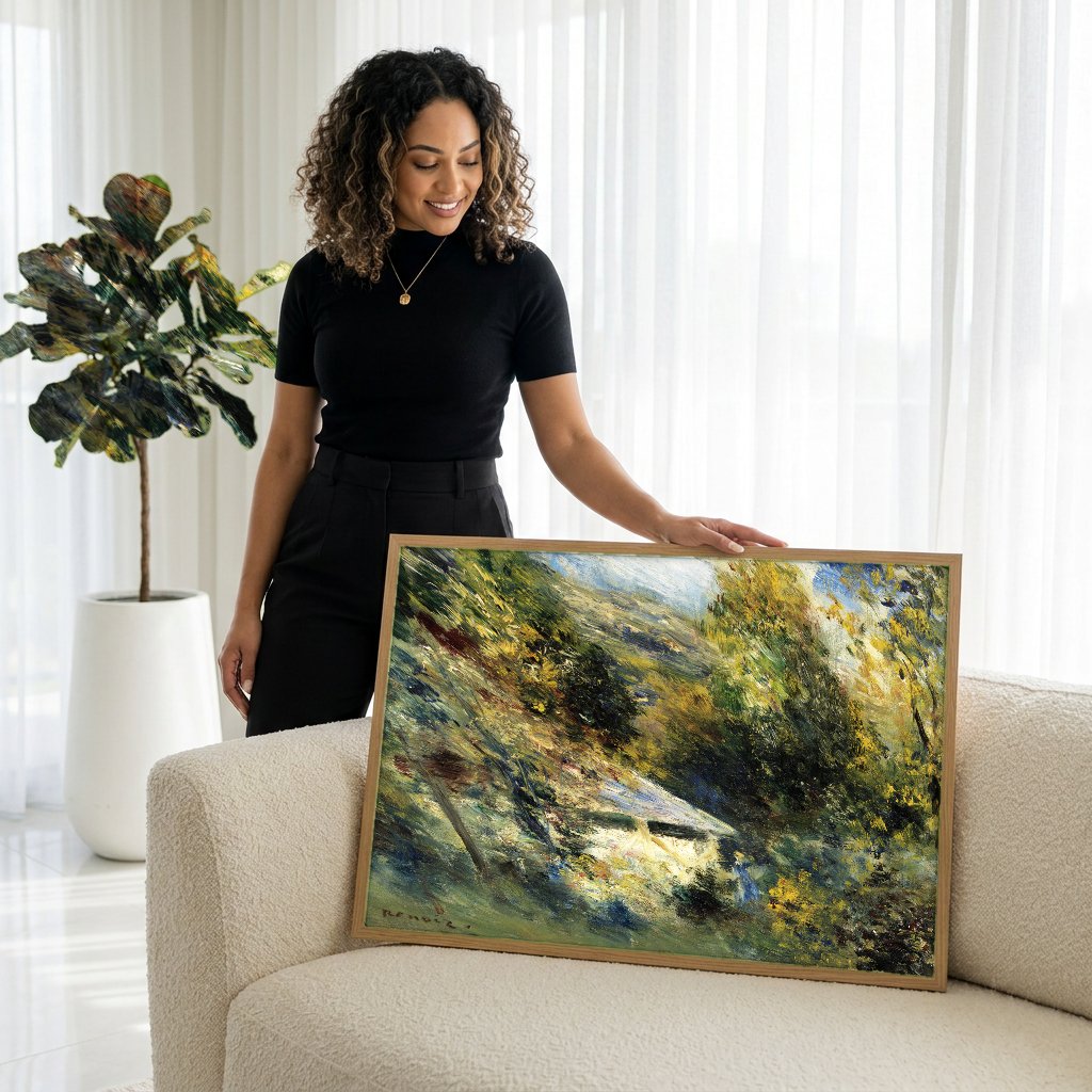 Quadro Decorativo Campo com Casinha - Renoir com modelo em ambiente
