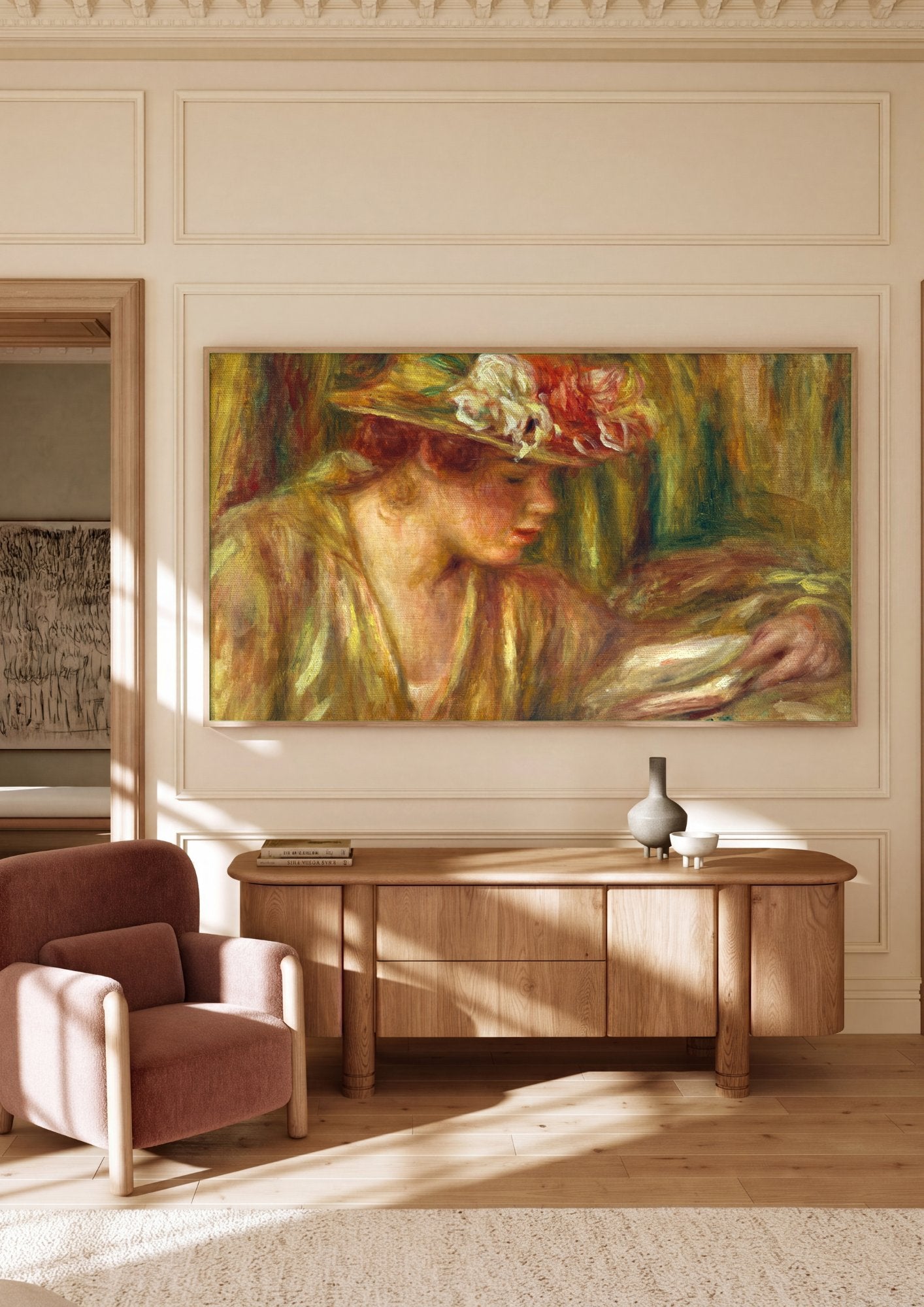 Quadro Decorativo Mulher com Chapeu - Renoir em ambiente decorado