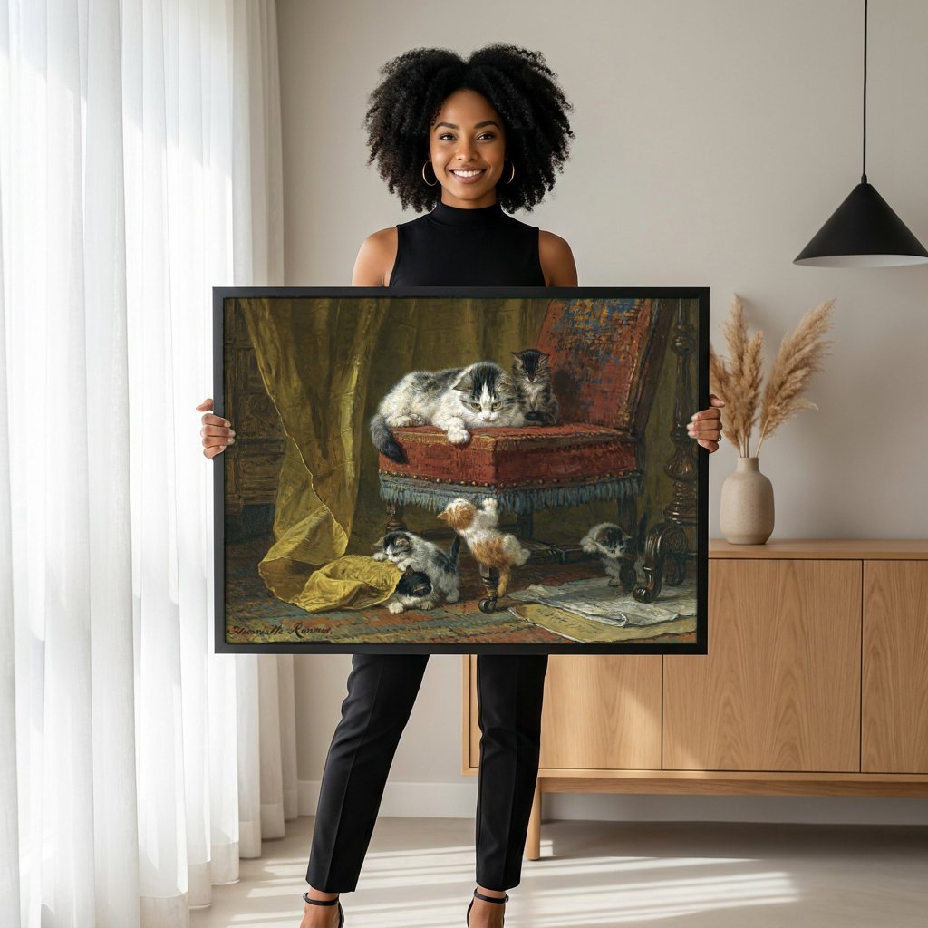 Quadro Decorativo Gatos Brincalhões - Henriëtte Ronner-Knip com modelo em ambiente