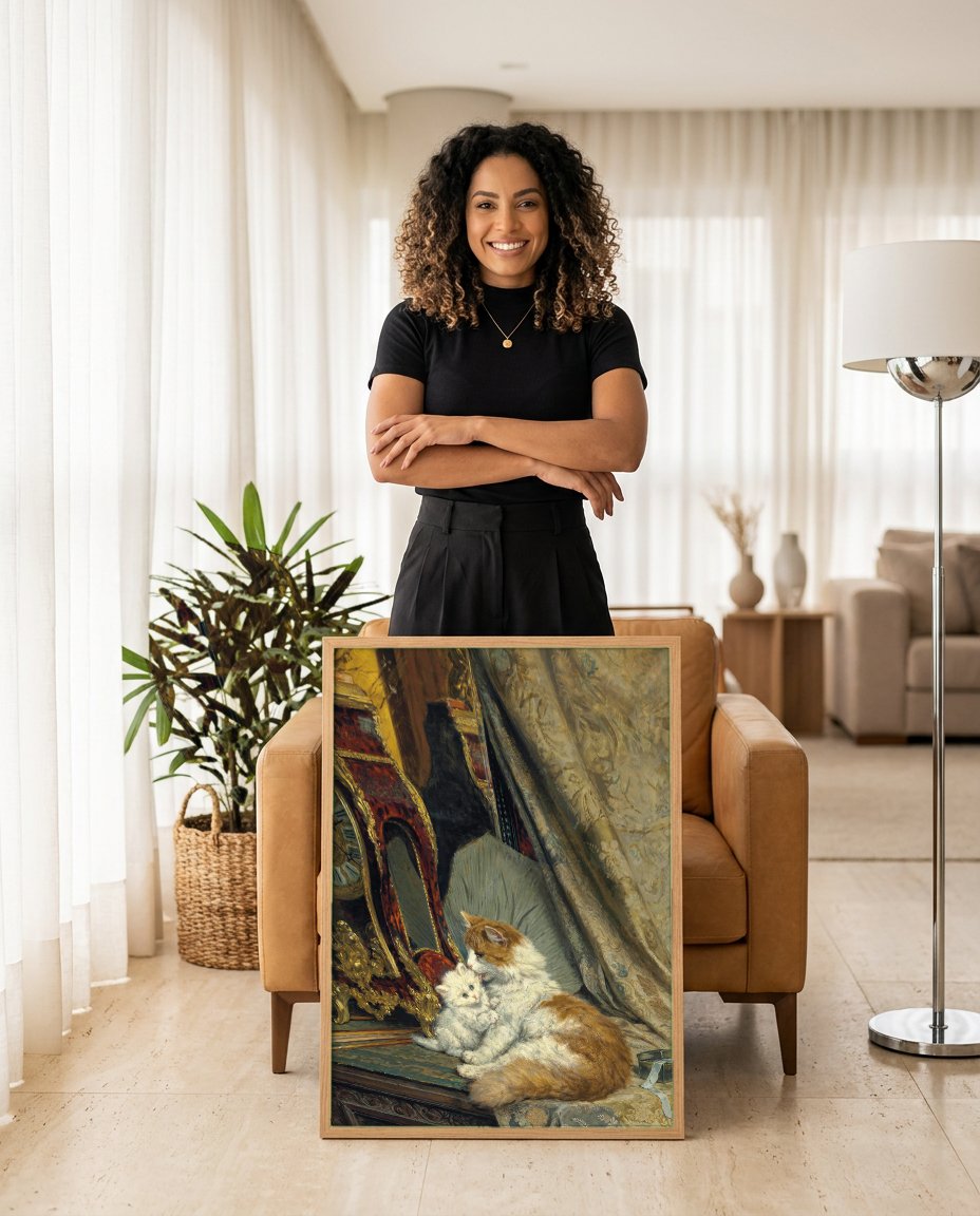 Quadro Decorativo Gatos com Relógio - Henriëtte Ronner Knip com modelo em ambiente