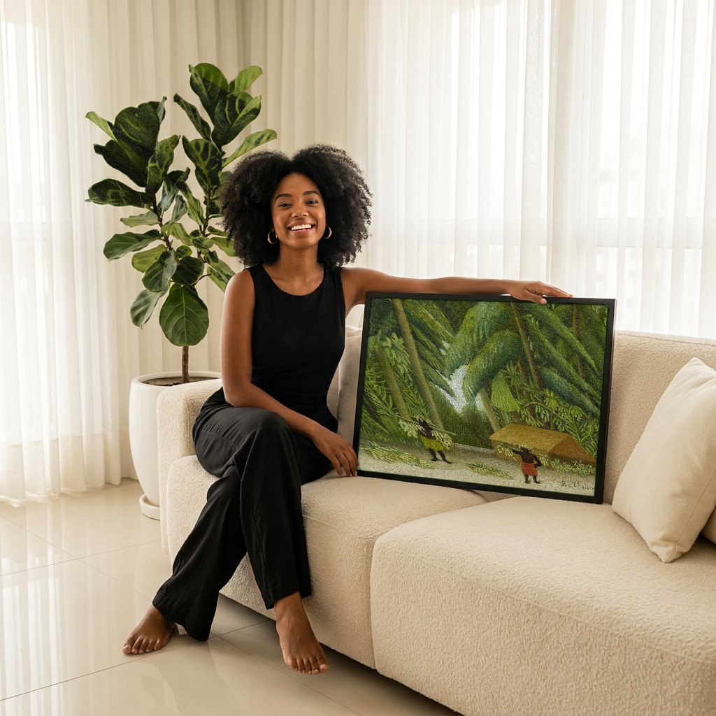 Quadro Decorativo Colheita Tropical - Henri Rousseau com modelo em ambiente